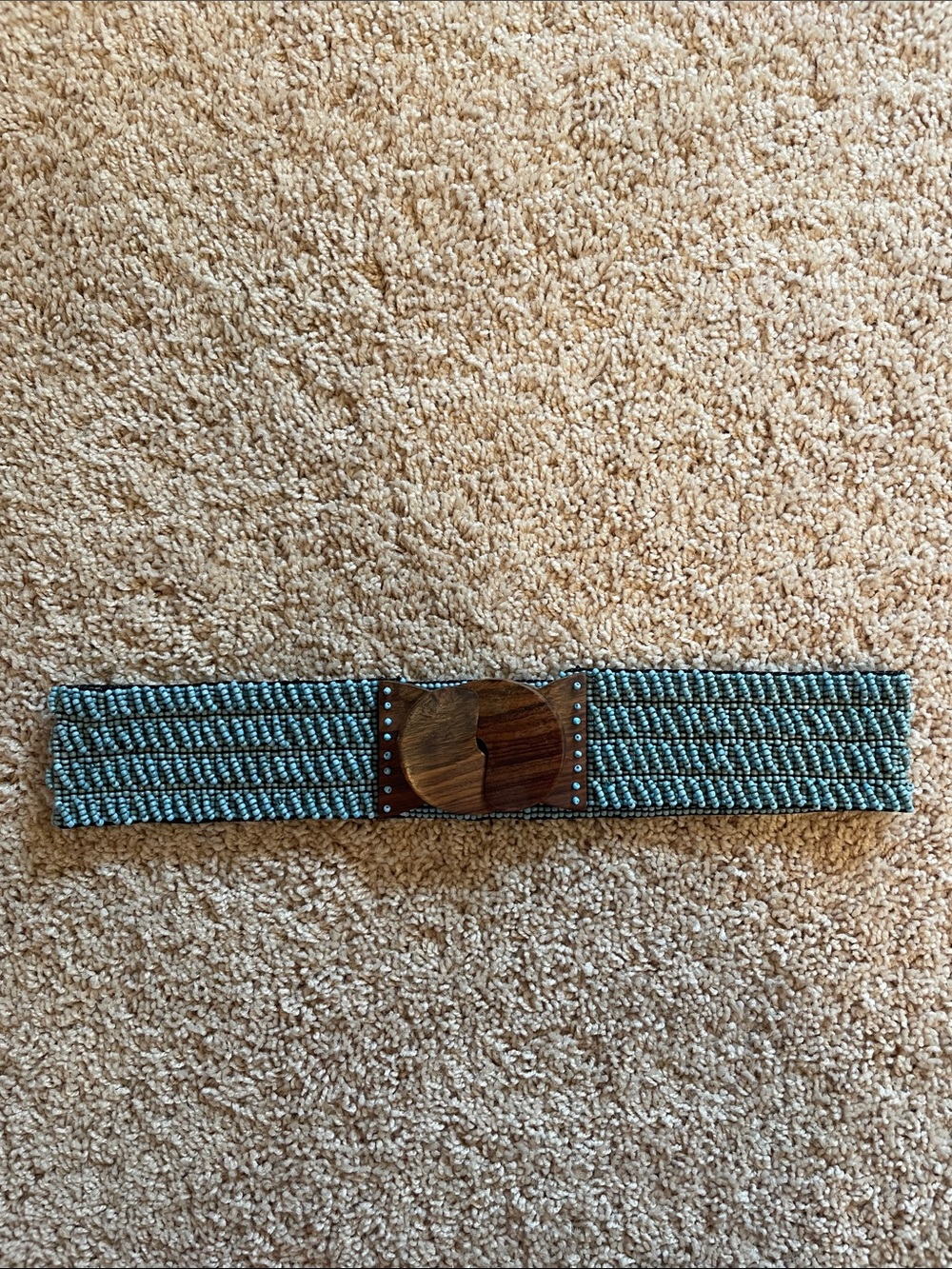 Beaded Turquoise Elastic Belt with Wooden Buckle